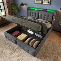 STILVORA Gestoffeerd Bed 140x200 cm - Boxspring Met LED Verlichting - Met USB En Type-C Poort - Katoen - Grijs (geen matras)