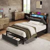 MODFU Bedframe 90x200 cm – gestoffeerd linnen grijs – met opberghoofdbord, LED, USB/Type-C en lade – slim design