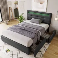 MODFU - Bedframe 90x200 cm – Grijs linnen met LED & 2 lades – Incl. matras
