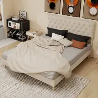 MODFU - Bedframe 160x200 cm – Hoog hoofdbord met nagelrand – Opbergruimte onder bed – Beige stof