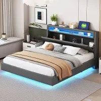 SINGULARITY -Gestoffeerd bed 160x200 cm met USB-aansluiting en LED-verlichting- omkeerbaar hoofdeinde- verborgen voeteneinde- tweepersoonsbed- grijs- zonder matras