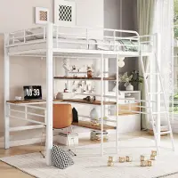 STILVORA Hoogslaper 90x200cm – met bureau & opbergrekken – Sterk metalen frame EN747 – Voor kinder/tienerkamer – Metaal – Wit Zonder matras
