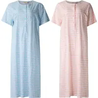Lunatex - 2 dames nachthemden 5026 korte mouw - nachtjapon van 100% katoen - blauw en peach met print - maat M
