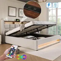SINGULARITY -Gestoffeerd bed met USB 160x200cm- LED tweepersoonsbed van metalen frame- bedframe van linnen materiaal jeugdbed zonder matras