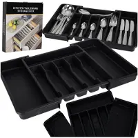 Kik Bestek Organizer Lade - Uitschuifbare Bestekbak - Verstelbare Lade Organizer 33-56,5 cm - 8 Vakken - Bestekindeler voor Keukenlade - Zwart - Kunststof Bestekhouder