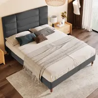MODFU Gestoffeerd Tweepersoonsbed 140x200 cm – Linnen donkergrijs – Met lattenbodem – Voor volwassenen & tieners
