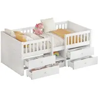 OKWISH Kinderbed 90x200 cm, Stapelbed zonder matras, Enkelbed met een huisvormig ontwerp, stevig lattenbodem, Houten bed van grenen en spaanplaat, Wit + Natuurlijk