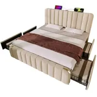 HAUSS SPOLE Gestoffeerd Bed Tweepersoonsbedden - 160x200 cm - Hydraulisch Opbergbed Met LED Hoofdbord En USB Type C Oplaadfunctie Inclusief Matras - Katoen - Beige