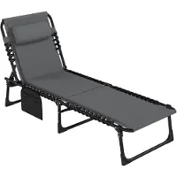 Merax Opvouwbaar Ligbed voor Tuin en Strand met Hoofdkussen & Zijvak – Verstelbare Rugleuning (5 standen) – Comfortabel Campingbed – Donkergrijs – Max. 120 kg