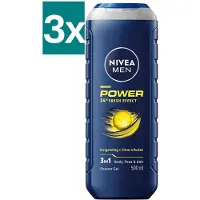 Nivea MEN Power fresh Douchegel - 3-in-1 Shower Gel - Shampoo - Voordeelverpakking - 3 x 500 ml