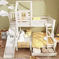 STILVORA Stapelbed 90x200cm En 140x200cm – Huisbed Met Glijbaan En Ladder – Lade Op Wielen – Voor Kinderkamer En Logeren – Hout En Metaal – Zonder Matras – Wit