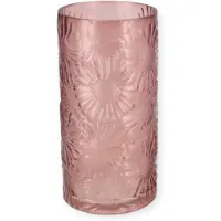 DK Design Daan Kromhout - Vaas - Glas - Donker Roze - Bloemen Reliëf - 26x13cm - Cilindervaas