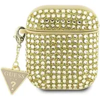 GUESS Gua2Hdgtpd hoesje voor AirPods 1/2 - Goudkleurige, driehoekige hanger met steentjes