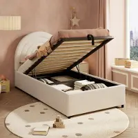 STILVORA Gestoffeerd Bed 90x200 Cm – Hydraulische Opbergruimte – Lattenbodem – Ingelegd Matrasvlak – Kinder En Jeugdkamer – Bouclé – Zonder Matras – Beige