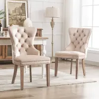 OKWISH Eetkamerstoelen Set Van 2 - Fluwelen Bekleding Met Ringgreep En Siernagels - Verstelbare Poten - Beige - 53×46,5×95 Cm
