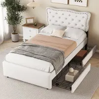OKWISH Ledikant 90x200 cm – lichtbeige linnen – met 2 lades, verstelbaar hoofdbord en koperkleurige nagels