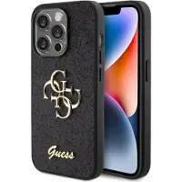 GUESS 4G Metal Logo Glitter Backcover voor de Apple iPhone 15 Pro Max - Zwart