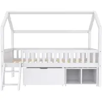 STILVORA Huisbed 90x200, kinderbed met lades en opbergvakken, huisbed met valbeveiliging, tienerbed met valbeveiliging, wit (zonder matras)