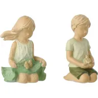 J-Line decoratie Kinderen Jongen/Meisje Zittend - polyresin - ecru - 2 stuks
