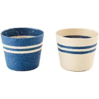 J-Line bloempot Gestreept - papier - wit/blauw - small - set van 2