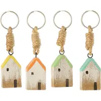 J-Line sleutelhanger Huis Deur - hout - mix - 4 stuks
