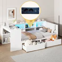 MODFU Luxe Kajuitbed (90x200) - Multifunctioneel Tienerbed met 2 Lades, Boekenkast, Stopcontacten, USB & LED - Wit