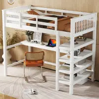 MODFU - Hoogslaper 90x200 cm – Wit grenenhout met bureau & opbergvakken – EN747