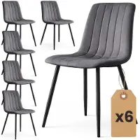 Akord Set van 6 Eetkamerstoelen LIVO / Gestoffeerde Stoelen / Fluwelen Stoelen en Metalen Poten / Antraciet met zwarte benen