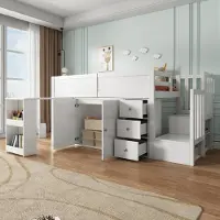 OKWISH Hoogslaper 90x200cm – Kinderbed Met Uitschuifbaar Bureau En Kast – Met Trap En Opberglades – Zonder matras – MDF – Wit