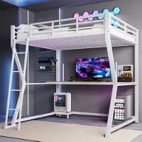 MODFU Bedframe 140x200 cm – wit – hoogslaper met bureau, LED, stopcontact en USB