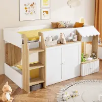 MODFU Luxe Halfhoogslaper / Huisbed met Kasten (90x200) - Houten Kinderbed met Dakje & Opbergruimte - Wit / Naturel