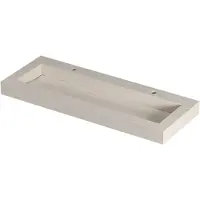 Ink Pitch Wastafel keramische slab centraal met drain en front en side skirts 2 kraangaten 120x45x9 Travertin mat