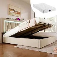 STILVORA Tweepersoonsbed 140x200 cm – Linnen beige – USB-C – LED – Opbergruimte – Met matras