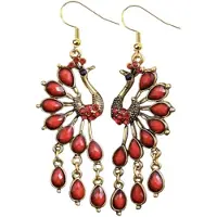 Charme Bijoux Zilver- pauw oorbellen -rood goudkleurig 7.5 cm-