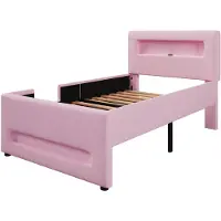 OKWISH Kinderbed 90x200, houten bed zonder matras, kinderbed met LED-design en een lade, eenpersoonsbed met opbergvakken, roze
