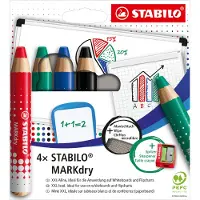 Stabilo MARKdry Etui - Whitboard- en Flipover Marker - Etui Met 4 Klassieke Kleuren - Met Puntenslijper en Uitveegdoek
