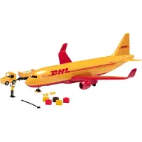 Siku 1702, DHL vrachtvliegtuig met accessoires, metaal/kunststof, rood/geel, speelgoed model, incl. bagagewagen en luchtverkeersleider