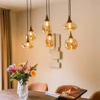 LumenXL 6-lichts hanglamp Loic - amber glas en houtlook