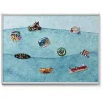 Tulup Magneetbord met Zilveren Frame - Blauw Magneetbord in Stijlvolle Kleuren - 100 cm x 70 cm - Aquarelblauwe golven - Magnetisch Wandbord - Magnetisch Bord Kindvriendelijk - Memobord Magnetisch