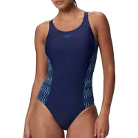 Speedo Placement Medalist 1 Piece Dames Sportbadpak - Badpak Dames met Stretch - Vormvast Zwempak Dames - Sportbadpak Dames met Medalist-rug - Marine/Blauw - 38