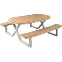 Axi Jax Picknicktafel Ovaal in Sandy Beige met Teak Hout Look voor 6 Personen | Picknick Tafel met geïntegreerde Banken voor Volwassenen van Aluminium & Polywood | 200 x 190 x 75 cm