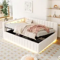STILVORA Gestoffeerd Bed 140x200cm - Hydraulische Opbergruimte & LED - Met USB Oplaadpunt en Rugleuning - Fluweel - Zonder matras - Beige