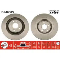 TRW Remschijf DF4860S achter, geventileerd, sterk gecarboniseerd, 1 Stuk