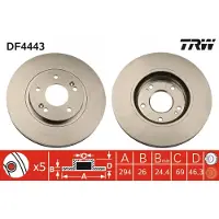 TRW Remschijf DF4443 voorkant, geventileerd, sterk gecarboniseerd, 1 Stuk