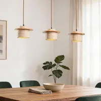 LumenXL 3-lichts Japandi hanglamp Travia - travertin (natuursteen) en licht hout