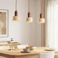 LumenXL Japandi hanglamp Muro - drie travertin (natuursteen) kappen met houtaccenten