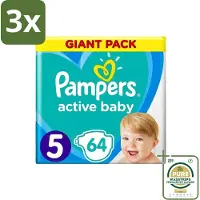 Pampers 3 x - Active Baby - Luiers - Maat 5 (11-16 kg) - Zachte Pasvorm - 64 Luiers - Grootverpakking - Baby Luier - Droge Huid - Luchtdoorlatende Luier - Pasvorm Luier - Luier Voor Baby