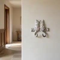 Ambiente Haus Dubbele wandhaak met twee katten van gietijzer wit 12cm x 12cm x 4cm - decoratieve gietijzeren wandophanging - kledinghaak met twee haken