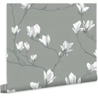 Laura Ashley Magnolia Grove Behang - Bloemen - 10mx52cm - Grijs