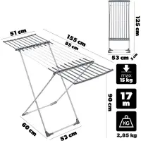Kadax Uitschuifbaar droogrek met 17m droogoppervlak, Flexibele breedte van 85-155 cm, Groot droogrek voor binnen buiten (wit/grijs, 155 x 53 x 90 cm)